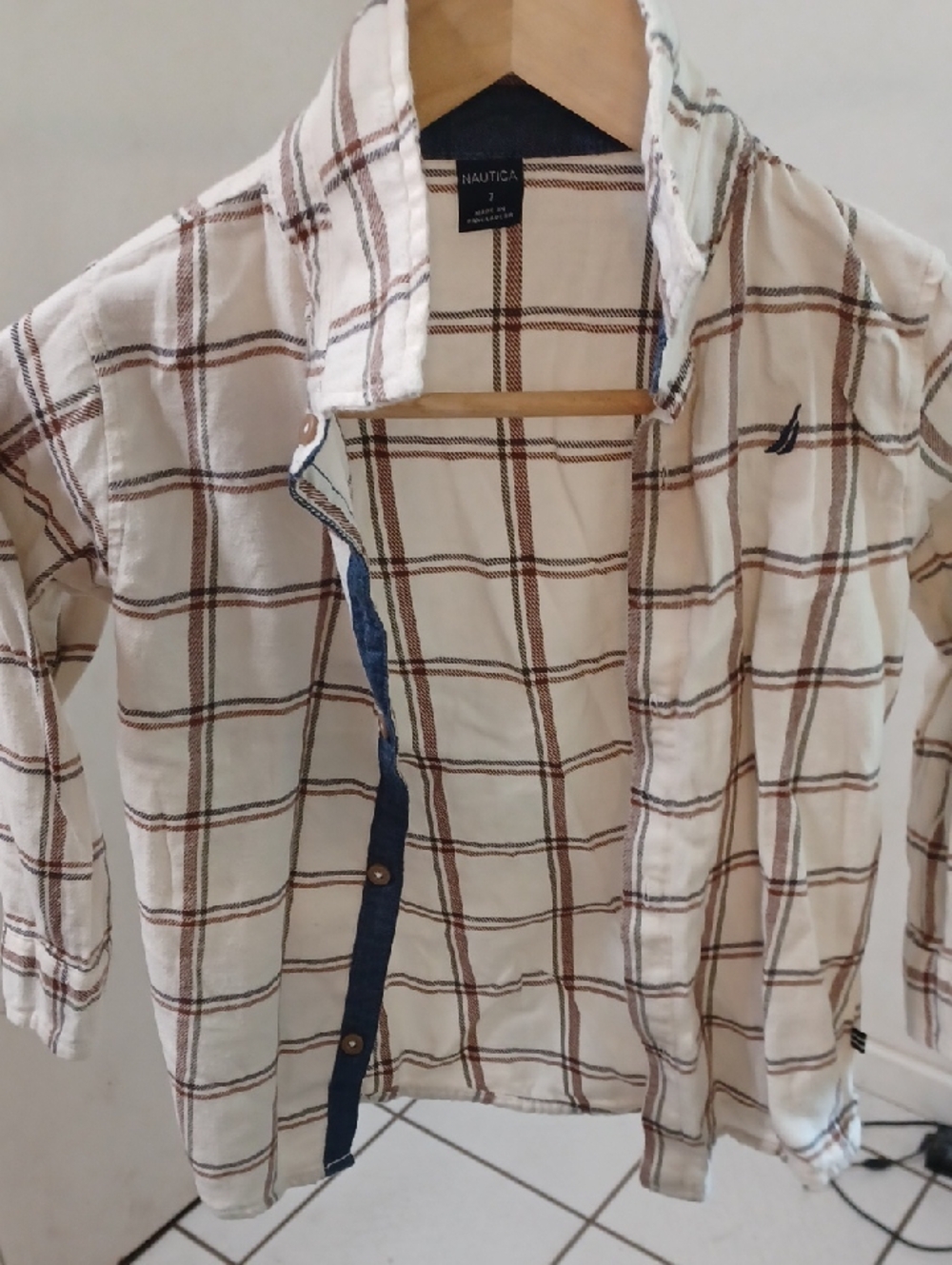 Nautica Cream and Brown Plaid Button-Down Shirt